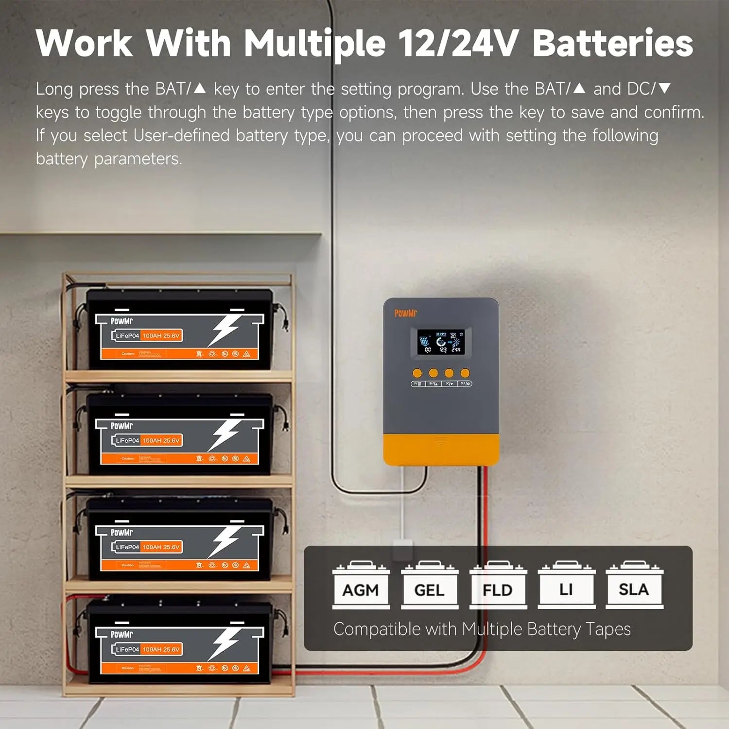 PowMr MPPT Solar Charge Controller 45A 35A 25A - 12V/24V LiFePO4 Battery Charger with 100VDC PV Input