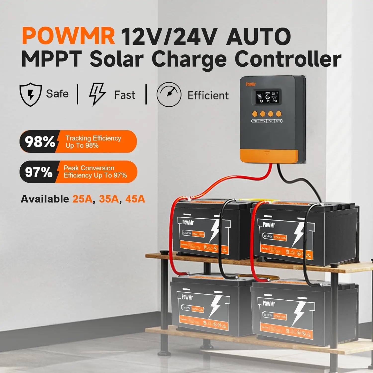 PowMr MPPT Solar Charge Controller 45A 35A 25A - 12V/24V LiFePO4 Battery Charger with 100VDC PV Input