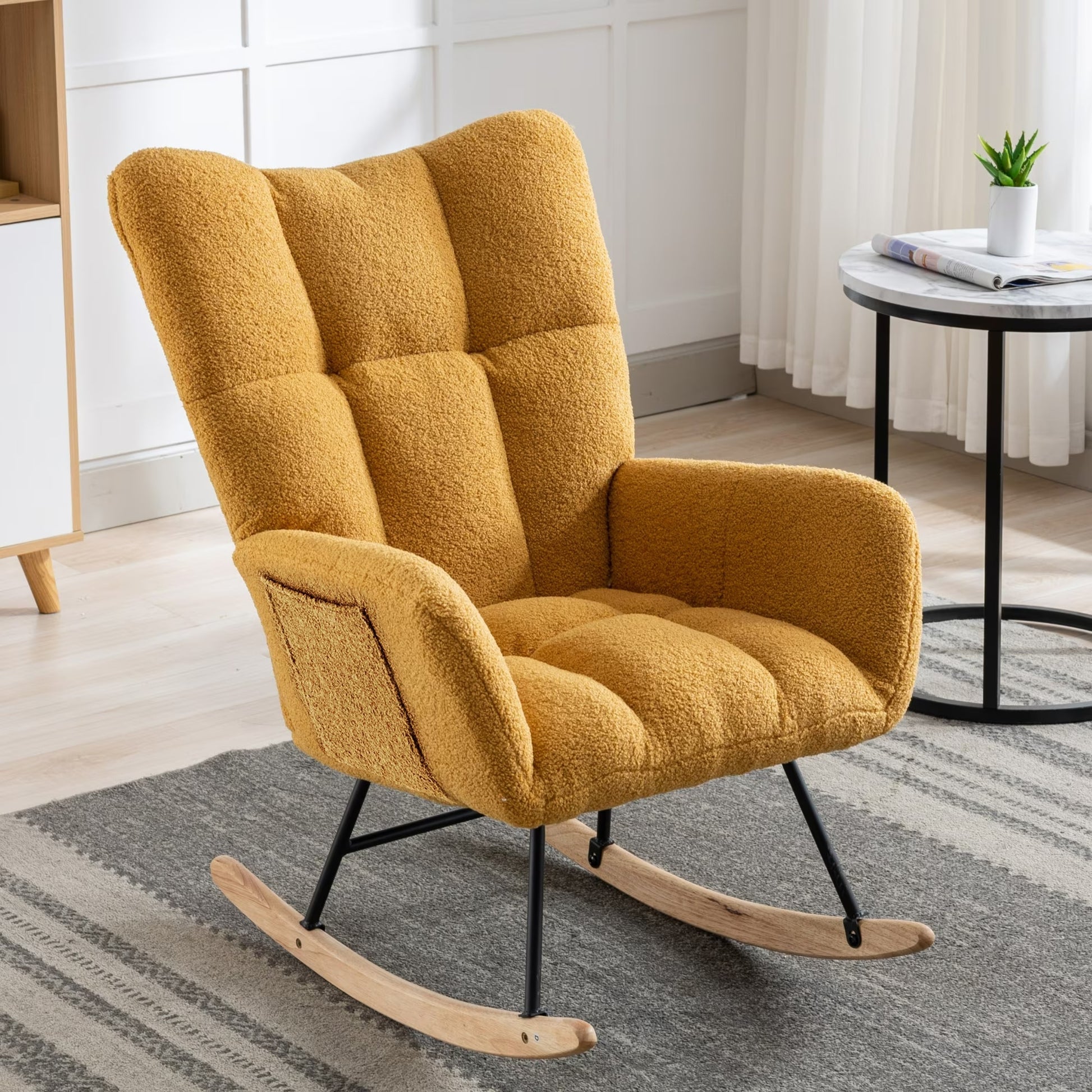 Rocking Chair with Pocket, Soft Teddy Fabric Rocking Chair for Nursery, Comfy Wingback Glider Rocking Chair with Safe Solid Wood Base for Living Room, Bedroom, Balcony