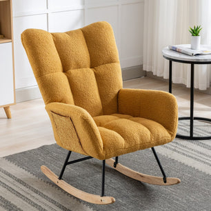 Rocking Chair with Pocket, Soft Teddy Fabric Rocking Chair for Nursery, Comfy Wingback Glider Rocking Chair with Safe Solid Wood Base for Living Room, Bedroom, Balcony