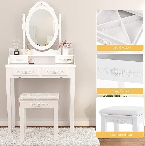 Vanity Table Set with 4 Drawers – Elegant Makeup Dressing Table with Cushioned Stool & Oval Mirror