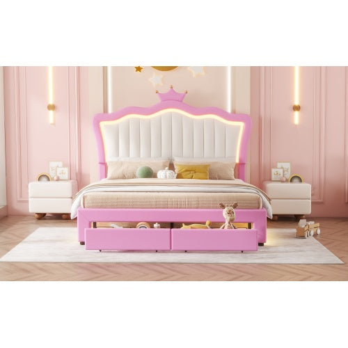Full Size Upholstered Bed Frame with LED Lights – Modern Princess Bed with Crown Headboard and 2 Drawers