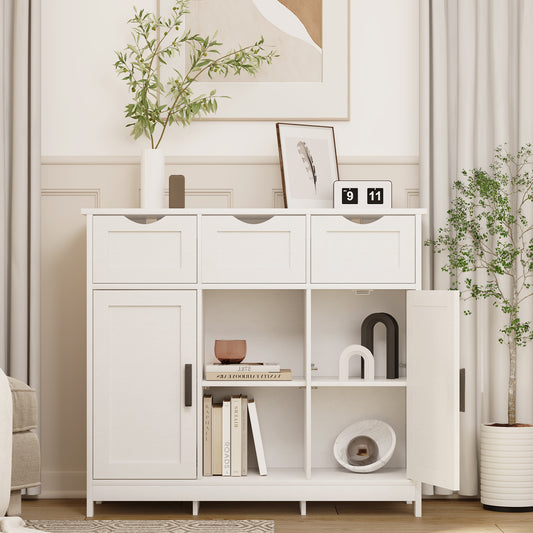 White Storage Cabinet with Drawers and Shelves – Ideal for Living Room, Bedroom, and Bathroom Decor