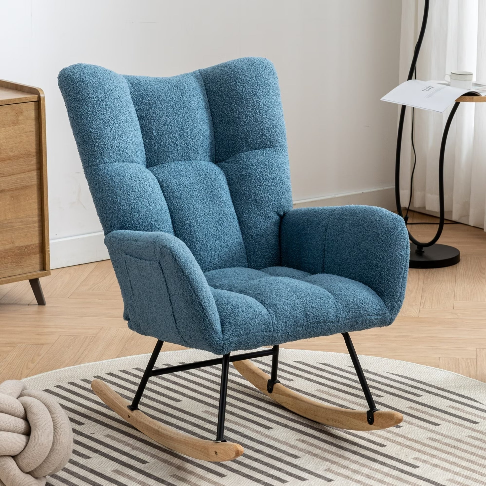 Rocking Chair with Pocket, Soft Teddy Fabric Rocking Chair for Nursery, Comfy Wingback Glider Rocking Chair with Safe Solid Wood Base for Living Room, Bedroom, Balcony