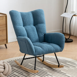 Rocking Chair with Pocket, Soft Teddy Fabric Rocking Chair for Nursery, Comfy Wingback Glider Rocking Chair with Safe Solid Wood Base for Living Room, Bedroom, Balcony
