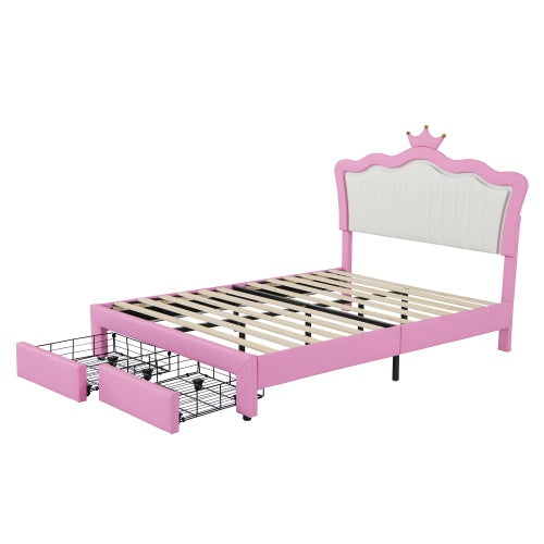 Full Size Upholstered Bed Frame with LED Lights – Modern Princess Bed with Crown Headboard and 2 Drawers