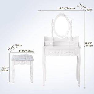 Vanity Table Set with 4 Drawers – Elegant Makeup Dressing Table with Cushioned Stool & Oval Mirror