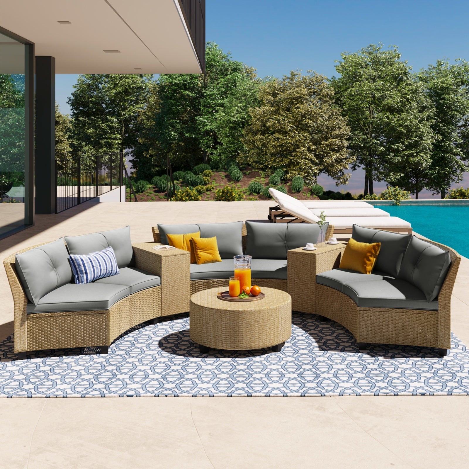 U Style 6-Person Fan-Shaped Rattan Set with Cushions & Table – Outdoor Patio Furniture