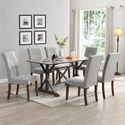 Modern Dining Table Set for 6-8 – 7-Piece Kitchen Dining Set with Gray Sintered Stone Table & 6 Tufted Upholstered Chairs
