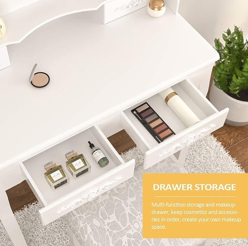 Vanity Table Set with 4 Drawers – Elegant Makeup Dressing Table with Cushioned Stool & Oval Mirror