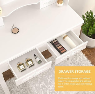 Vanity Table Set with 4 Drawers – Elegant Makeup Dressing Table with Cushioned Stool & Oval Mirror