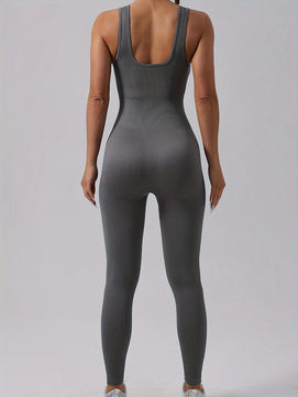 Women's Ribbed Solid Color One-Piece Jumpsuit – Form-Fitting Sensual Activewear, Classic Sleeveless Full-Length Pants for Sport & Casual Wear