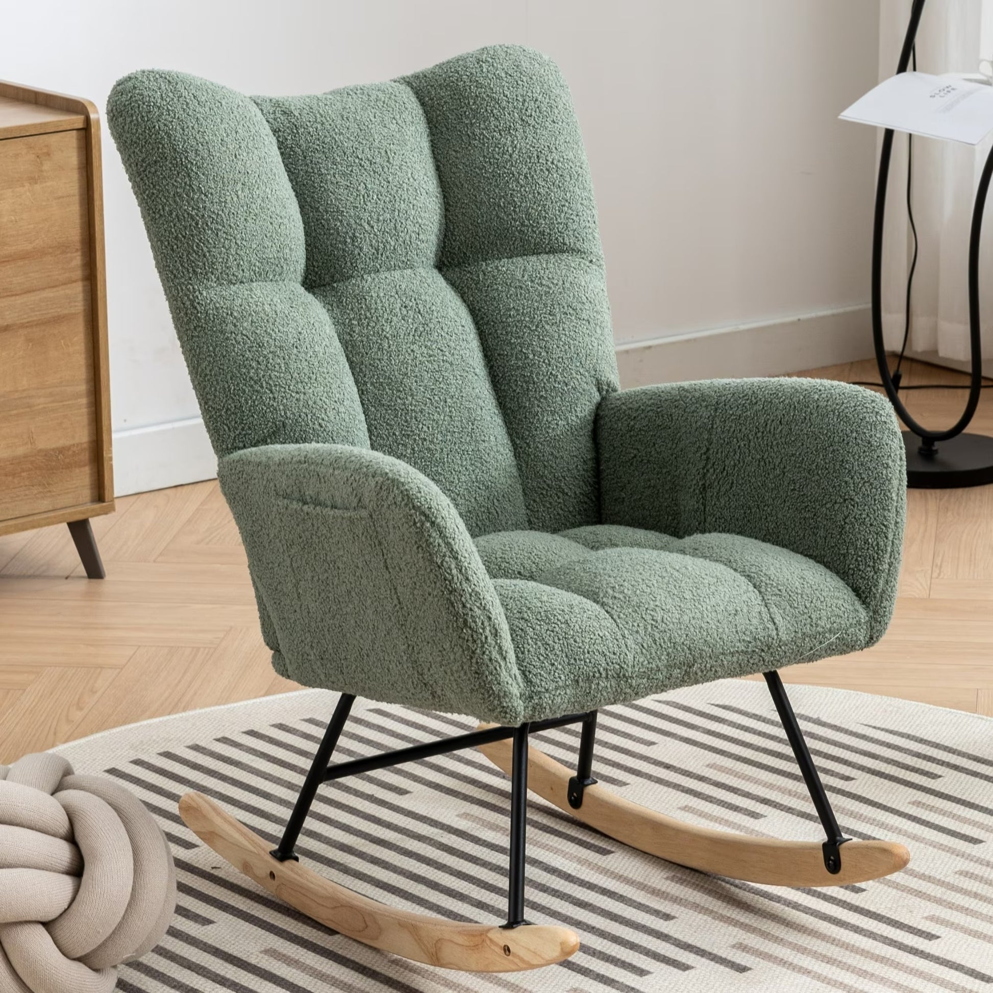 Rocking Chair with Pocket, Soft Teddy Fabric Rocking Chair for Nursery, Comfy Wingback Glider Rocking Chair with Safe Solid Wood Base for Living Room, Bedroom, Balcony
