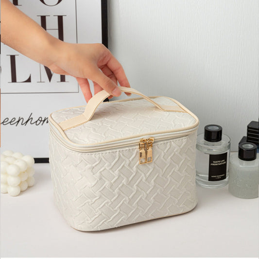 White Large Capacity Portable Travel Makeup Bag – Waterproof Vegan Leather Cosmetic Organizer with Brush Compartment