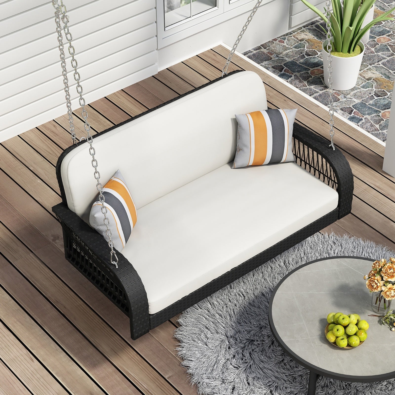 Wicker Porch Swing - 2-Seater Hanging Bench with Chains for Patio & Garden