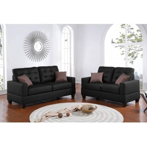 Modern 2-Piece Sofa Set – Black Faux Leather Tufted Sofa & Loveseat with Pillows