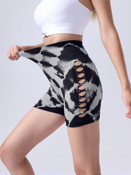 2 Pack Women's Side Cut-Out Tie-Dye Seamless Hip Lift High Waist Sports Yoga Shorts – Butt-Lifting, Tummy Control Athletic Shorts