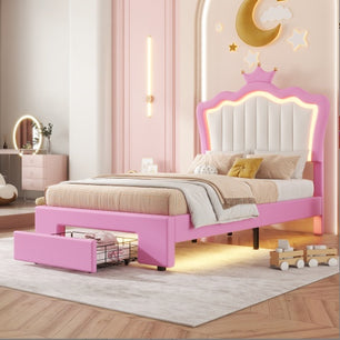 Twin Size Upholstered Bed Frame with LED Lights – Modern Princess Bed with Crown Headboard & Storage Drawer