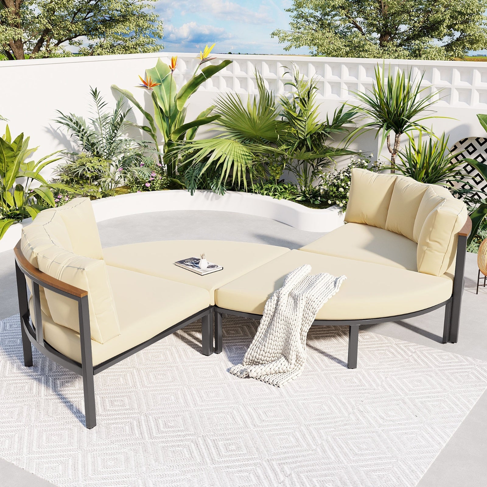 Round Outdoor Sofa – Beige, Seats 6, Metal Frame