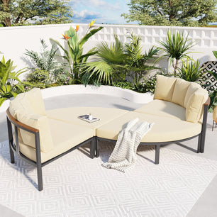Round Outdoor Sofa – Beige, Seats 6, Metal Frame