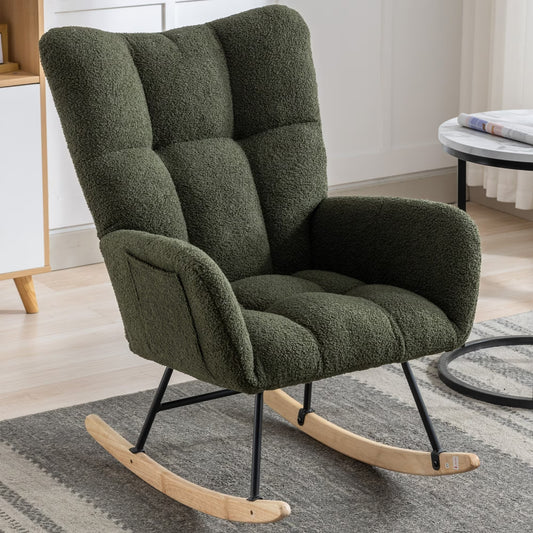 Rocking Chair with Pocket, Soft Teddy Fabric Rocking Chair for Nursery, Comfy Wingback Glider Rocking Chair with Safe Solid Wood Base for Living Room, Bedroom, Balcony