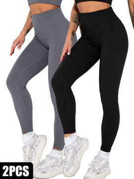 2-Pack Women's Seamless Ribbed Leggings – High-Waisted Slimming Yoga Pants for Fitness & Everyday Wear
