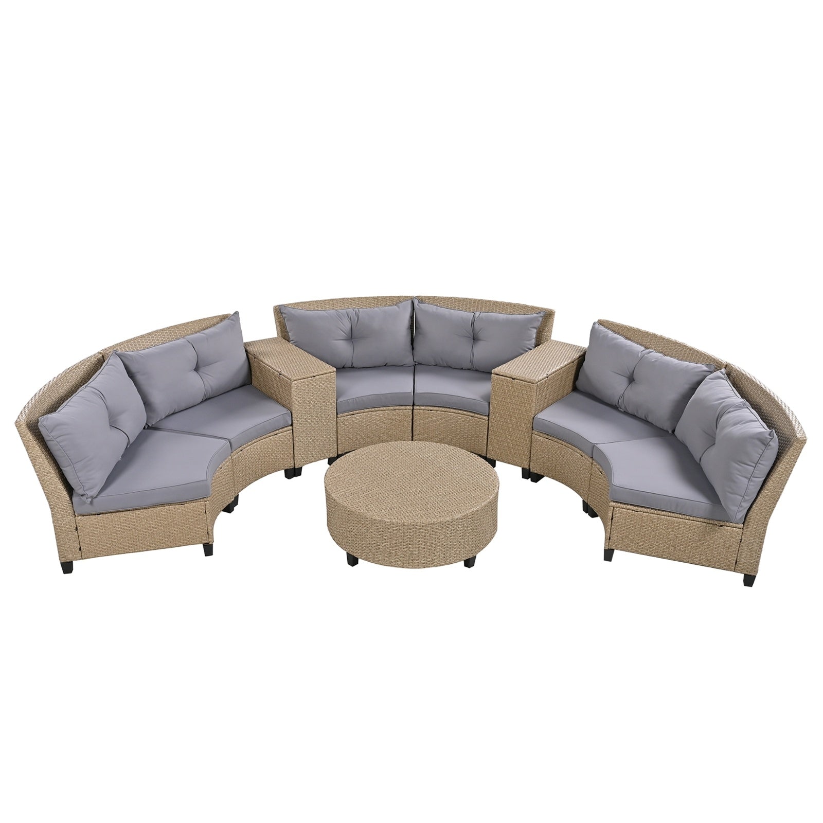 U Style 6-Person Fan-Shaped Rattan Set with Cushions & Table – Outdoor Patio Furniture