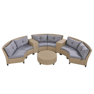 U Style 6-Person Fan-Shaped Rattan Set with Cushions & Table – Outdoor Patio Furniture