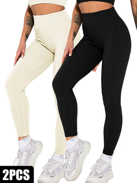 2-Pack Women's Seamless Ribbed Leggings – High-Waisted Slimming Yoga Pants for Fitness & Everyday Wear
