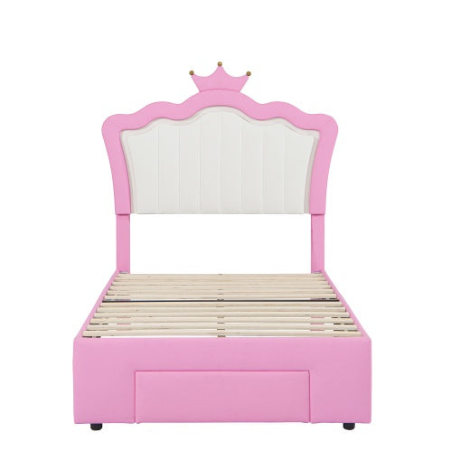 Twin Size Upholstered Bed Frame with LED Lights – Modern Princess Bed with Crown Headboard & Storage Drawer