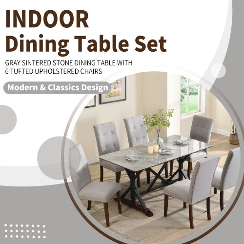 Modern Dining Table Set for 6-8 – 7-Piece Kitchen Dining Set with Gray Sintered Stone Table & 6 Tufted Upholstered Chairs