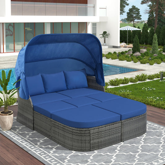 U Style Patio Furniture Set Daybed with Retractable Canopy – Outdoor Wicker Sunbed Conversation Set