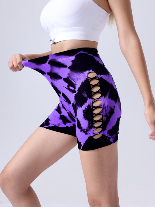 Women's Tie-Dye Side Bow Hollow High Waist Hip Lifting Sports Fitness Yoga Shorts – Scrunch Butt Lifting Biker Shorts