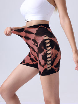 2 Pack Women's Side Cut-Out Tie-Dye Seamless Hip Lift High Waist Sports Yoga Shorts – Butt-Lifting, Tummy Control Athletic Shorts