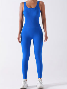 Women's Ribbed Solid Color One-Piece Jumpsuit – Form-Fitting Sensual Activewear, Classic Sleeveless Full-Length Pants for Sport & Casual Wear