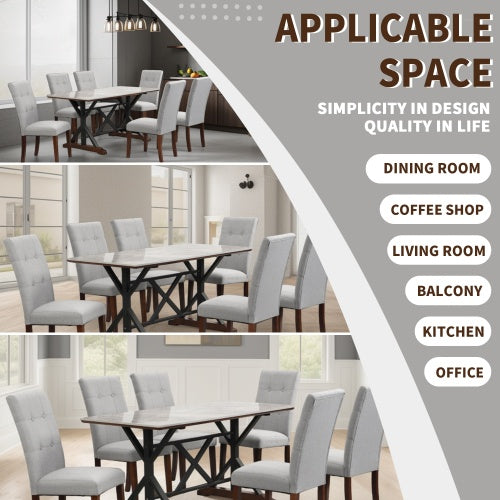 Modern Dining Table Set for 6-8 – 7-Piece Kitchen Dining Set with Gray Sintered Stone Table & 6 Tufted Upholstered Chairs