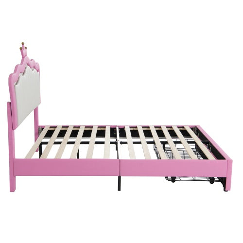 Full Size Upholstered Bed Frame with LED Lights – Modern Princess Bed with Crown Headboard and 2 Drawers