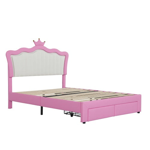 Full Size Upholstered Bed Frame with LED Lights – Modern Princess Bed with Crown Headboard and 2 Drawers