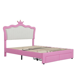 Full Size Upholstered Bed Frame with LED Lights – Modern Princess Bed with Crown Headboard and 2 Drawers