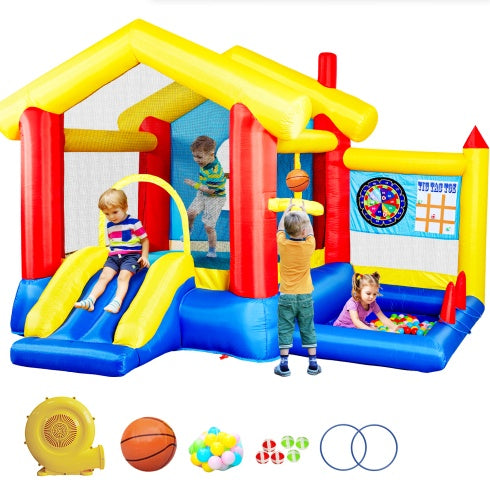 8-in-1 Inflatable Bounce House with Blower – Basketball Hoop, Ocean Balls, Ring-Toss, Sticky Ball Game & More