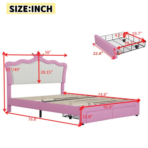 Full Size Upholstered Bed Frame with LED Lights – Modern Princess Bed with Crown Headboard and 2 Drawers