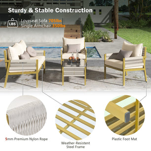 K&K 4-Piece Rope Patio Furniture Set, Outdoor Furniture with Tempered Glass Table