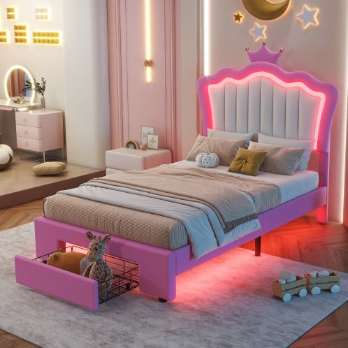 Twin Size Upholstered Bed Frame with LED Lights – Modern Princess Bed with Crown Headboard & Storage Drawer